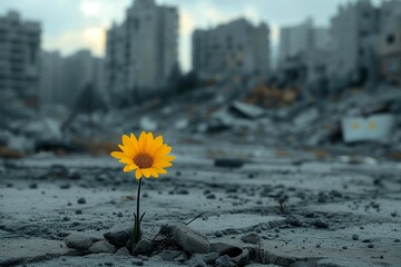 Resilient Bloom: Tiny Yellow Flower in Desolate Cityscape. Generative ai