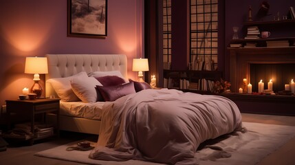 A cozy bedroom with a rich, plum-colored bedspread against a backdrop of warm, caramel-toned walls and accents of dusky pink, creating an inviting and romantic atmosphere.