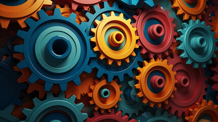 Abstract 3D gears and cogs working in harmonious synchronization of color