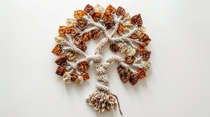 a skillfully woven crochet tree emoji, highlighting the intricate patterns and earthy colors on a clean white surface