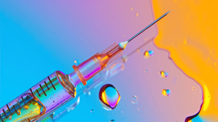syringe with liquid and drops on a colored background close-up