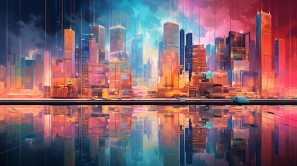 Neon-lit city skyline reflected in a glassy and colorful surface