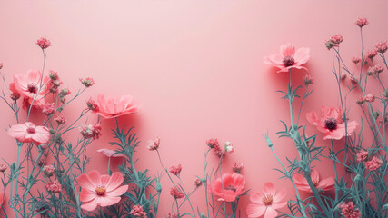 Beautiful pink flowers on pink background. Flat lay, top view