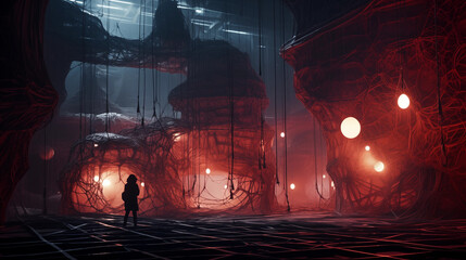 Intricate wireframe structure in a dark, mysterious, and futuristic environment in color