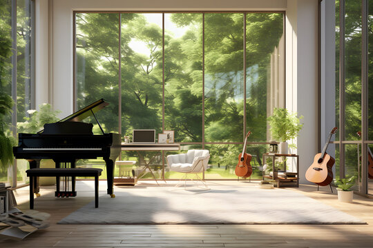 music room with floor to ceiling windows 