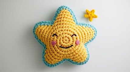 a whimsical crochet shooting star emoji, emphasizing the fine details and dreamy colors against a clean white canvas