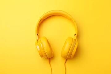 Yellow headphones on yellow background. Flat lay, top view, copy space