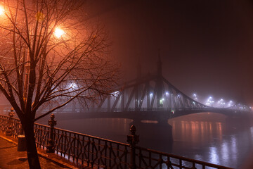 Budapest, Hungary - January 18, 2024: Liberty bridge at foggy night.