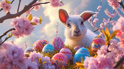Easter cartoon where animated lambs and rabbits join forces to create a stunning tapestry of colorful eggs, surrounded by blooming cherry blossoms.