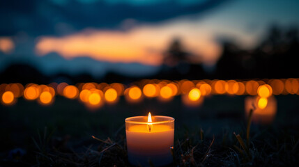 A serene candlelight vigil held in honor of those lost to cancer, with candles glowing softly against a backdrop of twilight skies, fostering unity and remembrance in communities w - obrazy, fototapety, plakaty