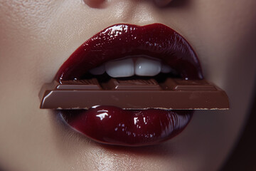 Beautiful and sensual female lips with chocolate bar