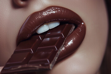 Beautiful and sensual female lips with chocolate bar