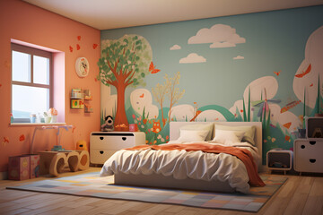 full color bedroom with wallpaper mural