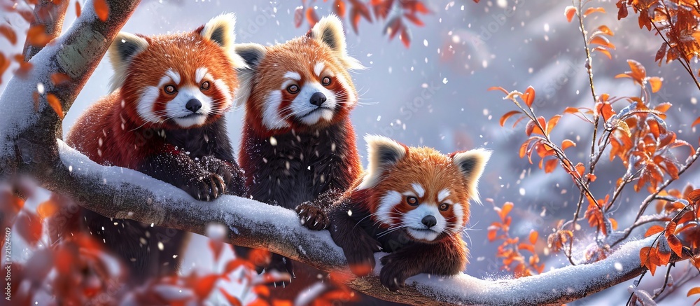 Poster captivating red pandas in the enchanting winter wonderland with an emphasis on red, pandas, and wint