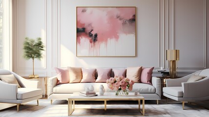 Fototapeta na wymiar A harmonious blend of colors in a living room featuring a pastel pink sofa accented with gold-toned accessories and a marble-top coffee table.