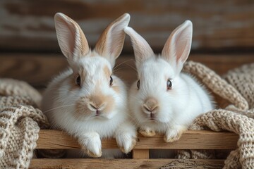 Two cuddly bunnies with twitching noses nestled in a cozy wooden basket, enjoying their indoor domestic life as curious and charming mammals