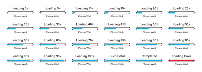 Loading please wait bar slider icon set 0-100% with 5% difference in blue color. Percentage loading bar infographics icon set 0%, 5%, 10%, 95%, 100% in blue color. - obrazy, fototapety, plakaty