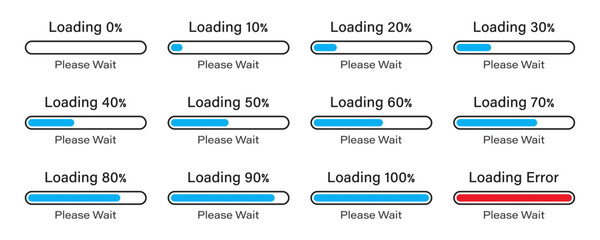 Loading please wait bar slider icon set 0-100% in blue color. Percentage loading bar infographic icon set 0-100% in blue color. set of percentage loading bar 10%, 20%, 70, 90%, 100% in blue color.