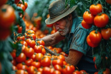 A vegan farmer donning a sun hat carefully handpicks ripe cherry tomatoes from his bountiful bush, surrounded by the natural beauty of his local food market - Powered by Adobe