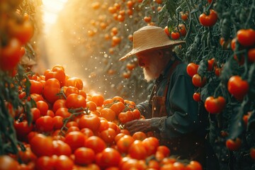 Amidst a vibrant garden, a sun-kissed man in a straw hat plucks juicy, red tomatoes from their vines, savoring the taste of nature's bounty