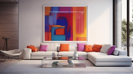 A minimalist living room design boasting a white modular sofa, a glass coffee table, and a statement piece of artwork adorning the wall in bold, vivid colors.