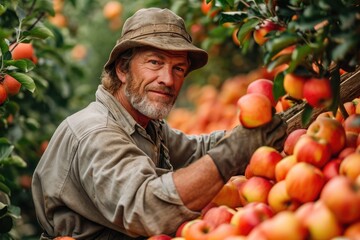A rustic man donning a wide-brimmed hat thoughtfully plucks ripe, organic apples from a local orchard, embracing a wholesome diet and connecting with nature