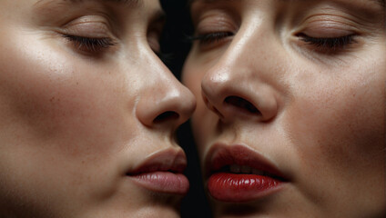 Two young girls kiss with tenderness. - obrazy, fototapety, plakaty