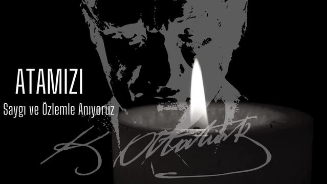 arka planda mumla yanan ışık ve atatürkün imzalı fotoğraf animasyonu. Translation: A candle burning light in the background and a photo animation signed by Atatürk.