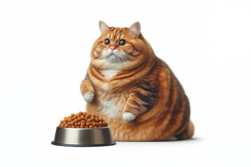 A funny fat cat eat food bowl isolated on solid white background. ai generative