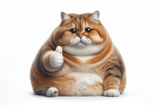 A funny fat cat giving a thumbs up isolated on solid white background. ai generative