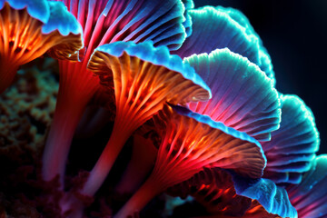 Extreme close up of mushrooms in the rays of the neon