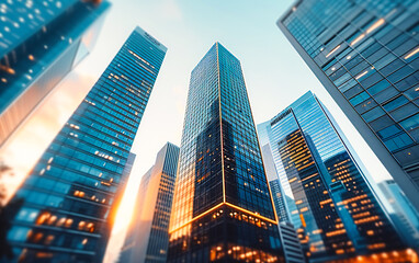 Fototapeta na wymiar Modern Skyscrapers and Business Architecture, Blue Sky Reflection, Urban Corporate Landscape