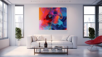 A minimalist living room design boasting a white modular sofa, a glass coffee table, and a statement piece of artwork adorning the wall in bold, vivid colors.