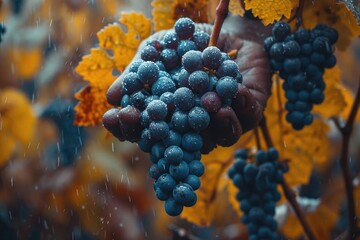 Amidst the vibrant autumn leaves, a hand delicately holds a cluster of juicy seedless grapes, representing the bountiful harvest and the beauty of nature's bounty