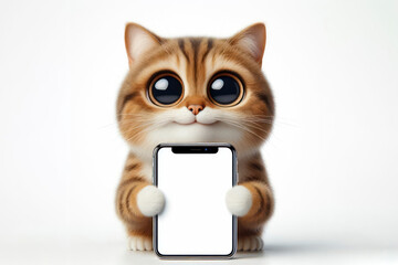A funny smiling cat with bulging big eyes hold smartphone with white screen mockup on white background. ai generative