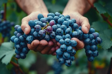 A person's hand delicately plucks a cluster of seedless grapes from a vineyard, revealing the vibrant colors of nature's superfood, surrounded by lush grape leaves and the promise of delicious, natur - obrazy, fototapety, plakaty