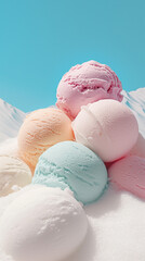 Fototapeta na wymiar scoops of pastel colored ice cream in the snow, bold minimalist background. calming rhythm 