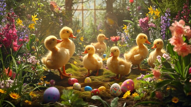 adorable ducklings parading around a lush garden, with colorful eggs hidden among the flowers.