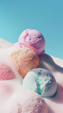 scoops of pastel colored ice cream in the snow, bold minimalist background. calming rhythm	