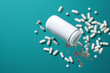 white pills falling out of a bottle of medicine on a blue background, in the style of lovecore сreated with Generative Ai