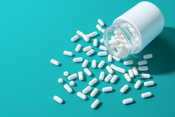 white pills falling out of a bottle of medicine on a blue background, in the style of lovecore сreated with Generative Ai