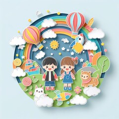 Naklejka premium Happy world childrens day illustration of little kids paper cut style, Generative Ai