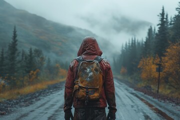 Amidst the fog and winter snow, a lone hiker treks through the red-tinged forest, their trusty backpack a symbol of their determination on the winding road to the majestic mountain