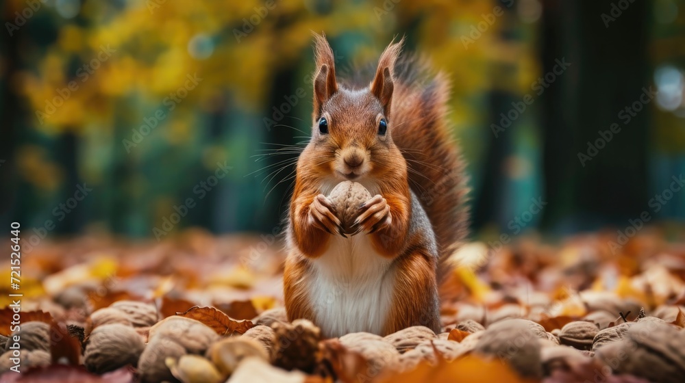 Poster red squirrel with nut in autumn forest. beautiful red squirrel with nut in autumn forest