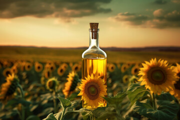 Glass bottle with a cork stopper with sunflower oil. - obrazy, fototapety, plakaty