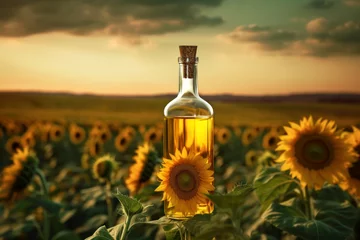 Schilderijen op glas Glass bottle with a cork stopper with sunflower oil. © DP