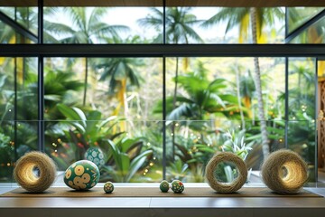 A contemporary jungle retreat with subtle Easter accents. The house boasts large glass walls providing a panoramic view of the jungle, 