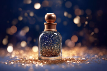 A mock-up of an elegant glass perfume bottle with a gold lid and a sparkles. Transparent vial on a dark blue background with gold sequins. Beautiful bokeh. Generated by AI.