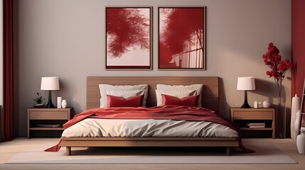 A harmonious bedroom design featuring red-toned wooden furniture against a backdrop of neutral walls, creating a visually striking yet balanced space.
