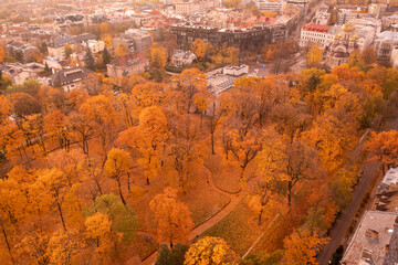 Drone photography of public park in city downtown during autumn sunny sunset